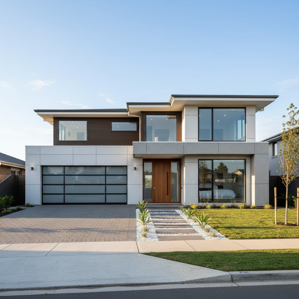 Double storey five-bedroom new build home in Springfield Lakes Brisbane with contemporary facade and double garage