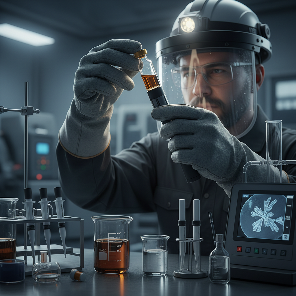 Engineer in safety gear analyzing industrial oil sample in laboratory setting with equipment