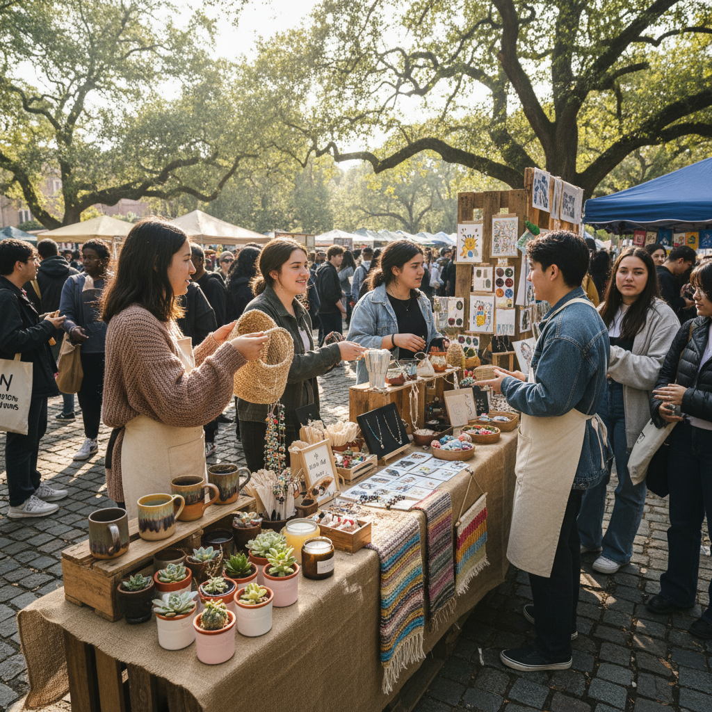 Young entrepreneurs displaying handmade products at a student market stall