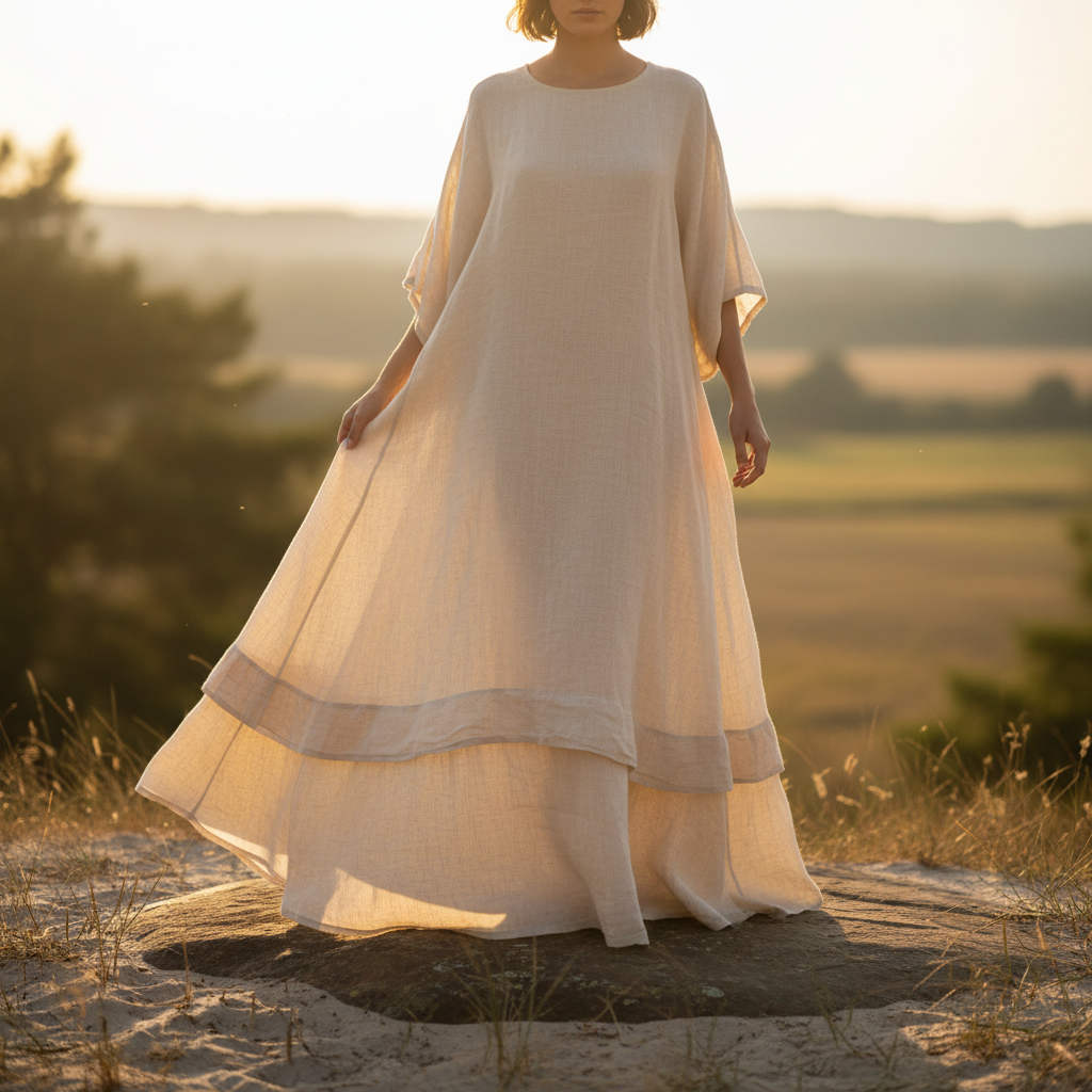 Women's flowy linen summer dress in beige displayed on dark background