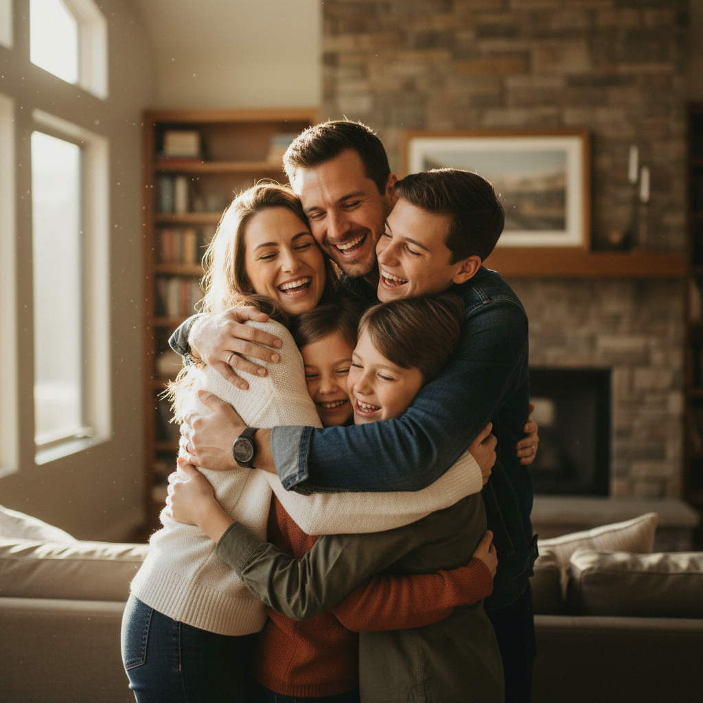 Happy family of four in a bright living room, parents and young children, warm home atmosphere