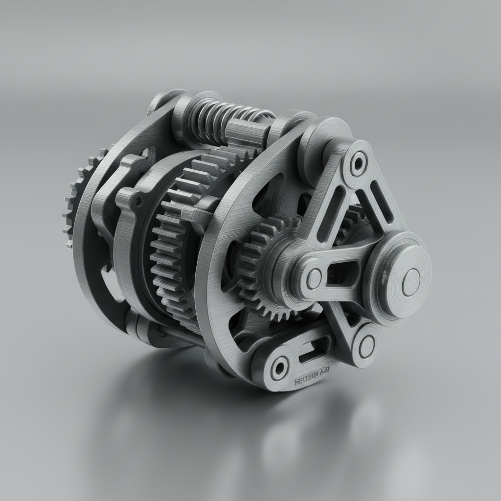 Prototipo mecánico impreso en 3D con piezas de precisión en color gris