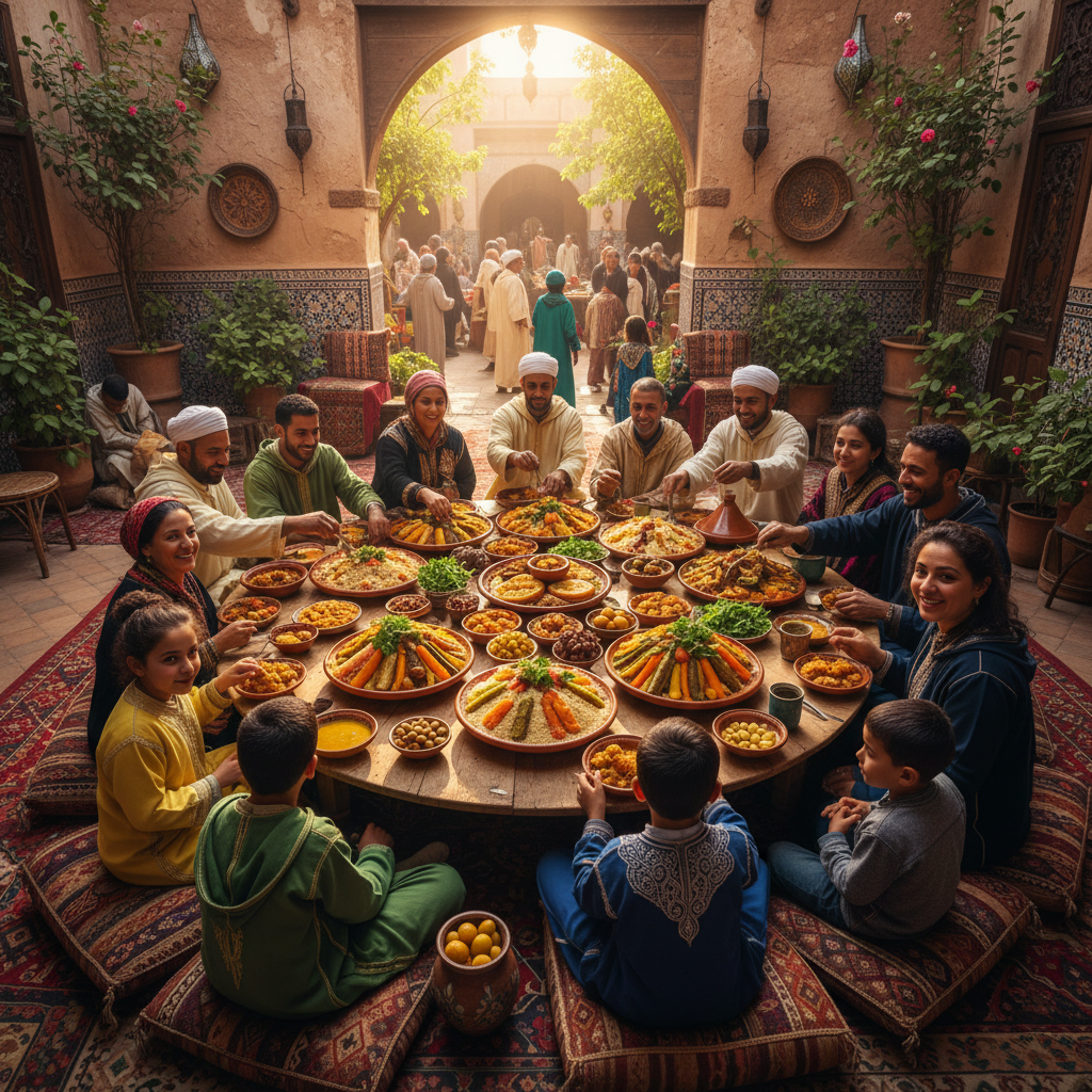 Long banquet table set with Libyan clay pots, platters of couscous, and tagines for a large family gathering