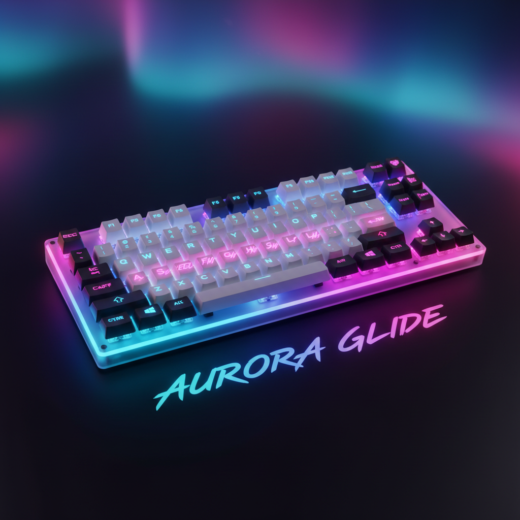 Neon-accented product flatlay with aurora gradient overlay and bold kinetic type