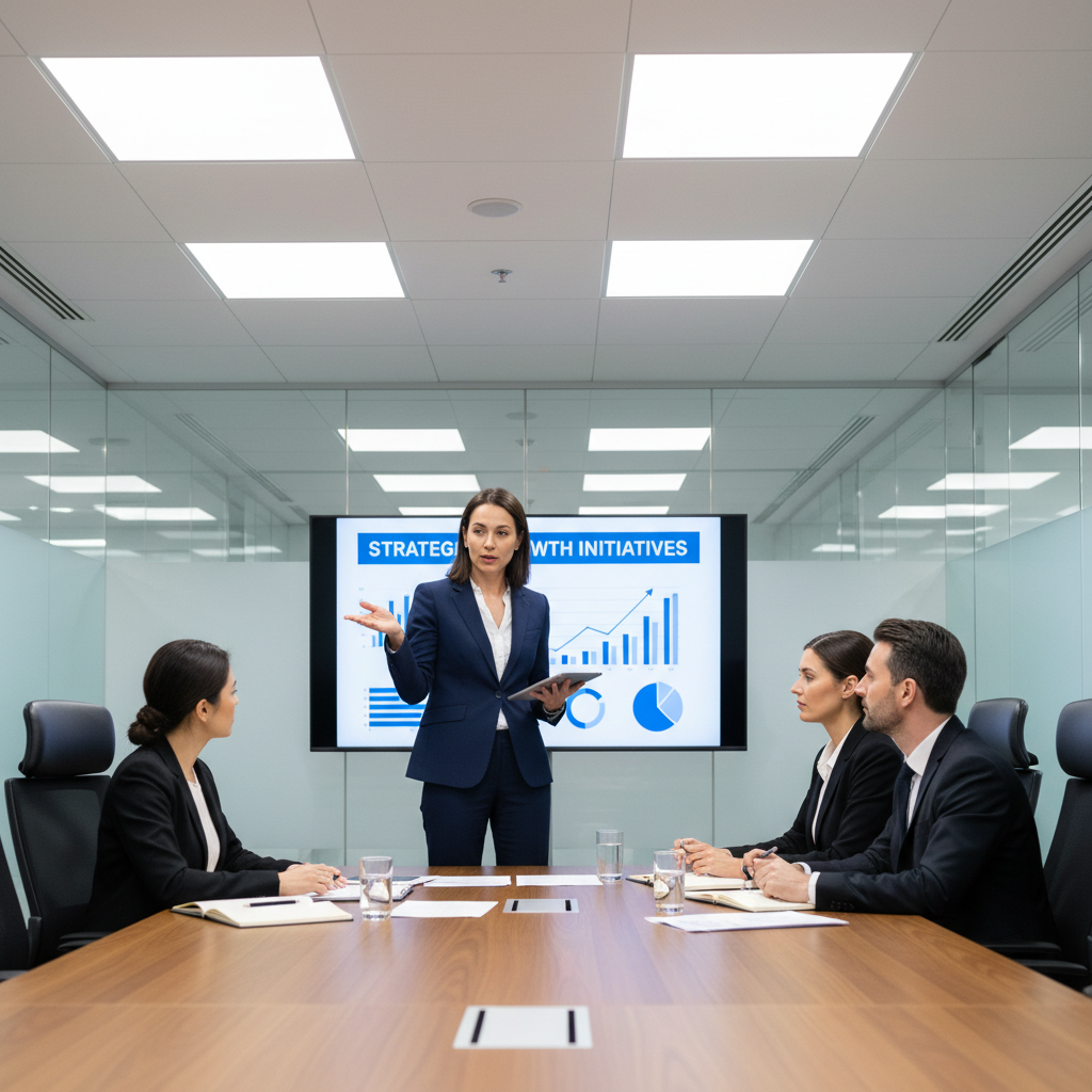 Financial advisor presenting analysis and strategic recommendations to a business leadership team