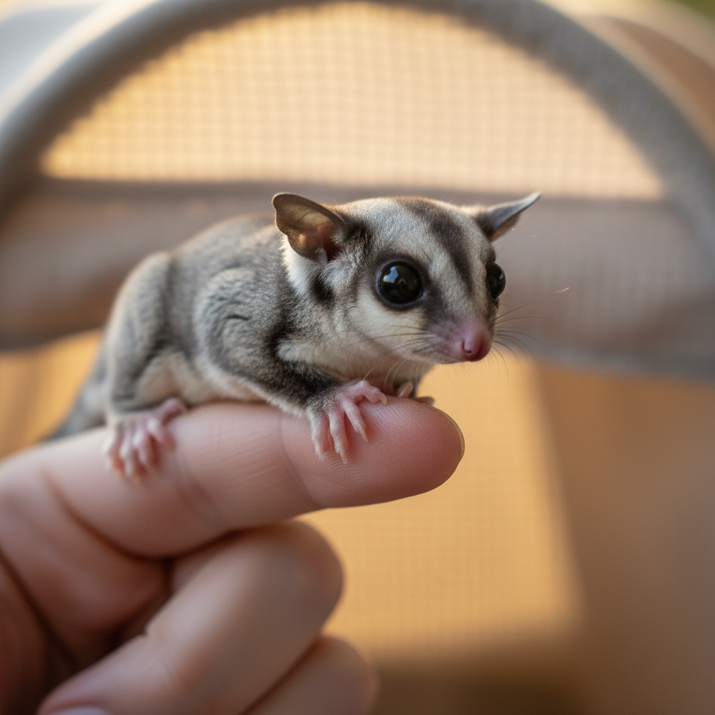 Sugar glider perched on tiny fingertip inside soft bonding tent afternoon light