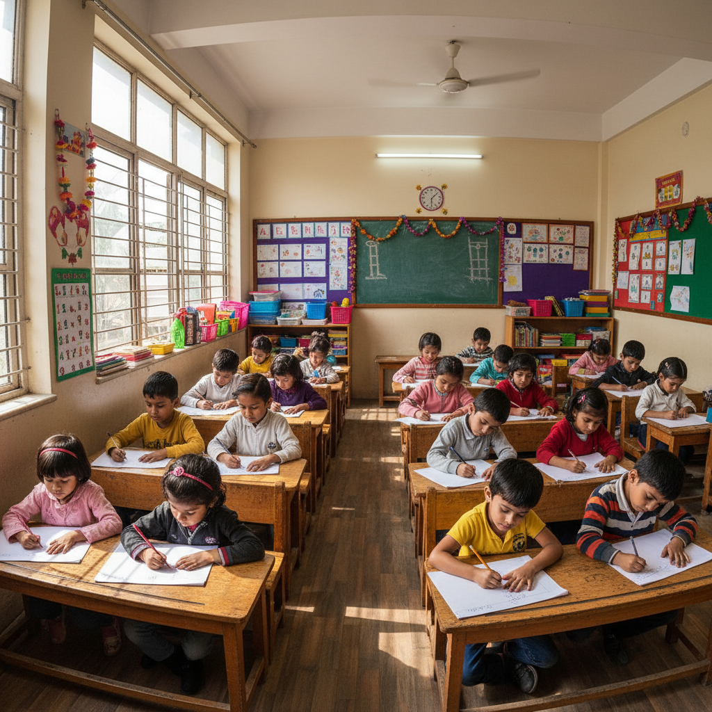 Children learning to write in Gujarati script at Saturday class