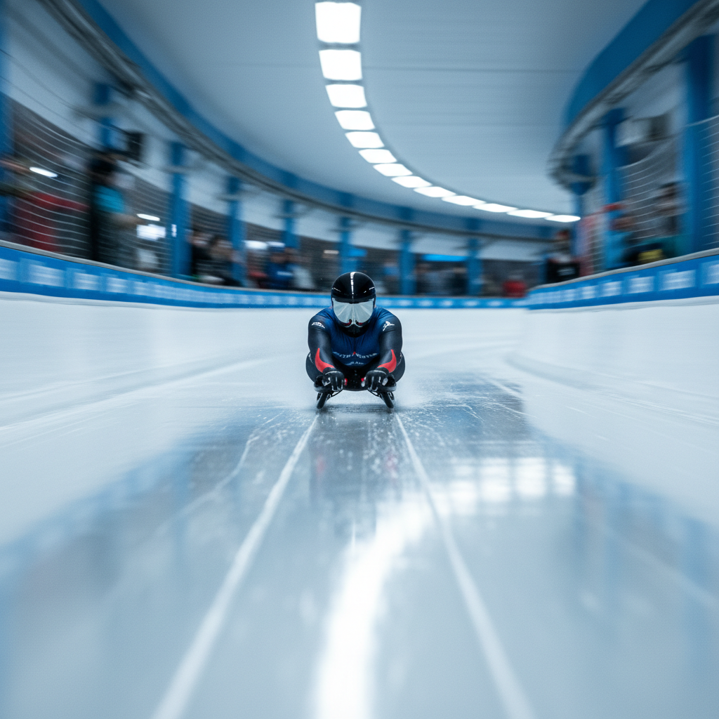 Luge athlete in aerodynamic position on ice track, helmet visor reflecting track lights