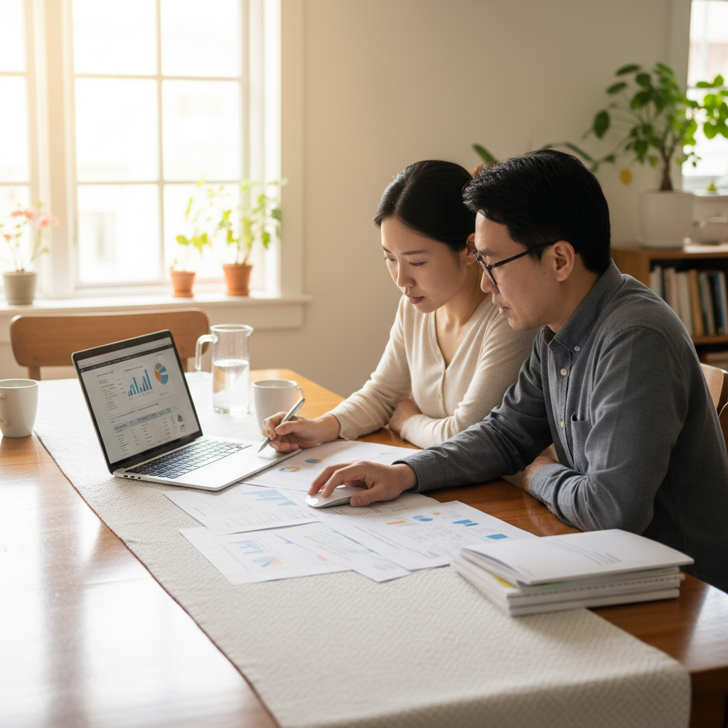 Filipino professional couple reviewing loan documents on laptop, bright modern home setting, natural daylight