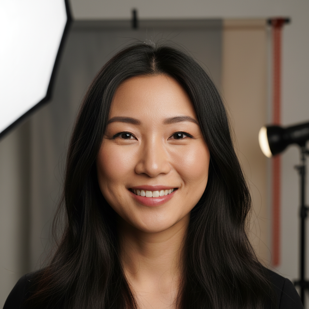 East Asian woman with professional smile in creative studio, soft natural lighting portrait