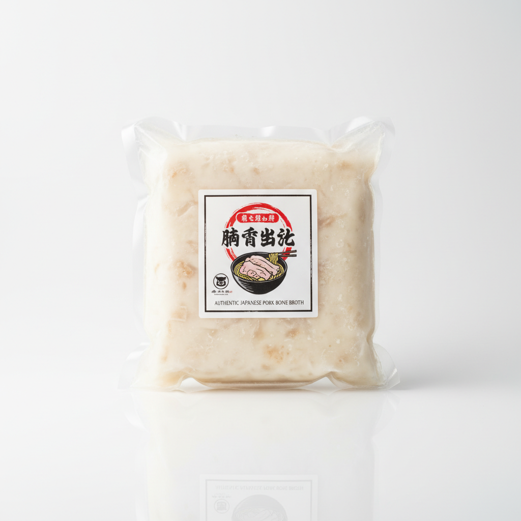 Vacuum-sealed frozen tonkotsu broth pack beside a ceramic bowl, ready for home cooking