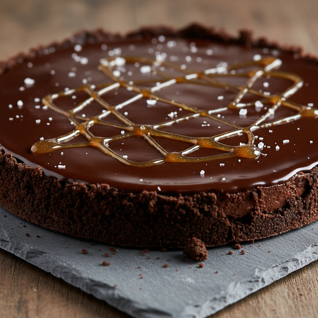 Dark chocolate tart with mirror glaze finish on slate tile, single salt crystal, dramatic side lighting
