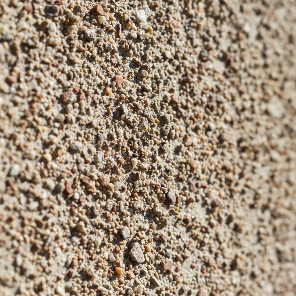 Extreme close-up macro of sand-float stucco texture, showing aggregate particles and hand-worked surface detail