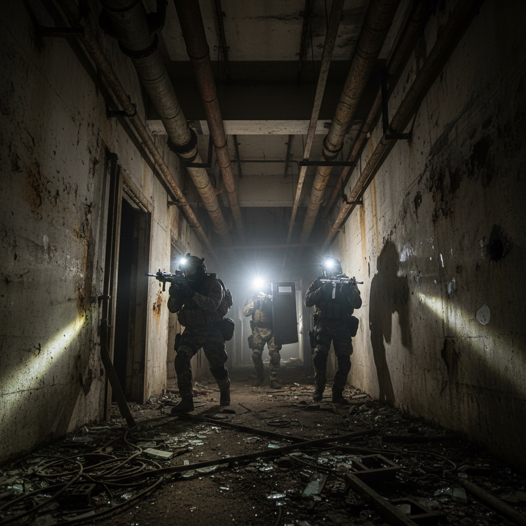 Tactical operators in full kit moving in formation through a dark industrial environment, dramatic low-key lighting, smoke, deep shadows, military precision