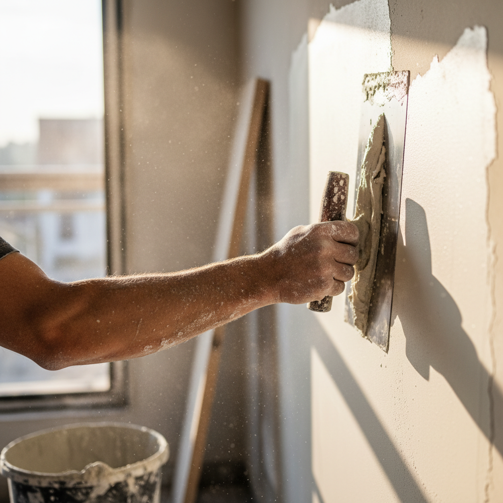 Plasterer's forearm extended, steel trowel dragging a long pull of finish coat across a wall, natural light raking through an unglazed window frame, dust motes suspended in the beam