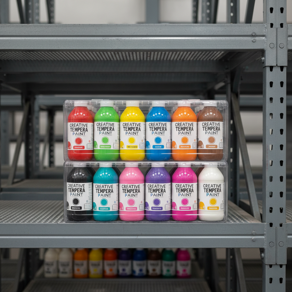 Case of twelve large tempera paint bottles stacked on industrial shelving