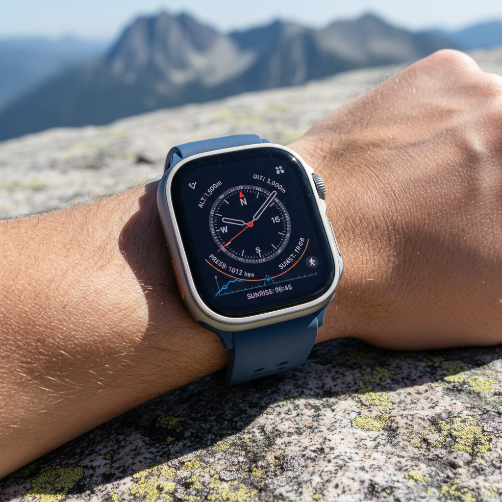 Apple Watch Ultra with titanium case on wrist outdoors