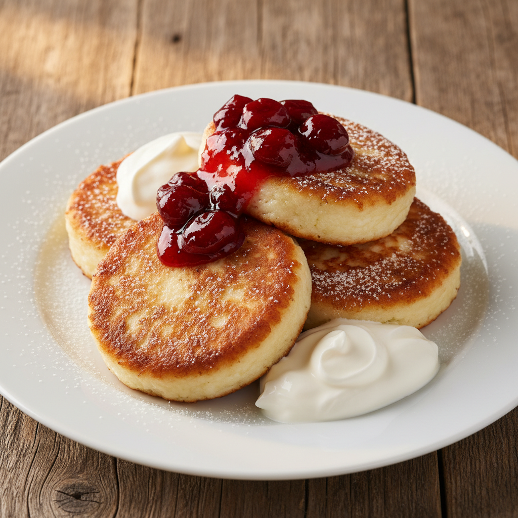Golden cottage cheese pancakes syrniki served with sour cherry jam and smetana