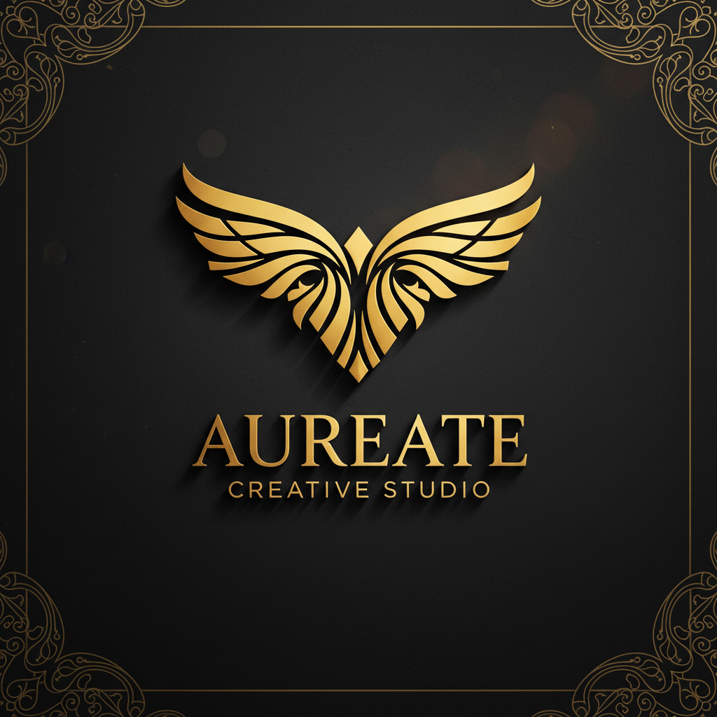 Abstract golden brand design elements on dark background, luxury creative studio atmosphere, deep shadows