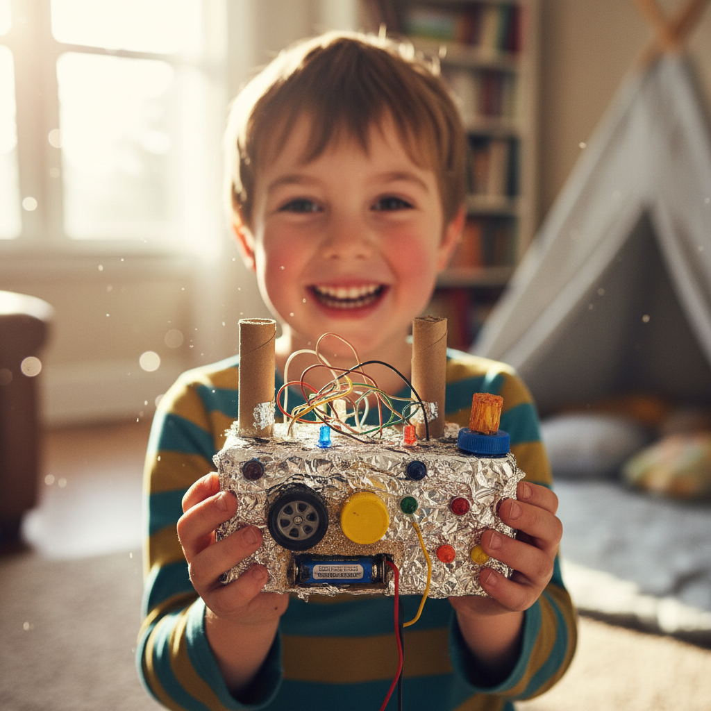 Excited child holding up a homemade device with a big smile, first success