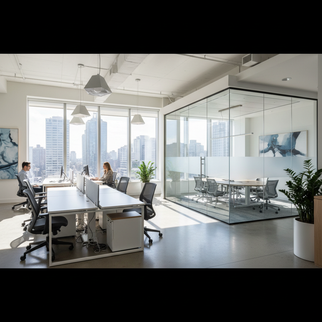 Spacious office floor with workstations, conference room, and city view windows