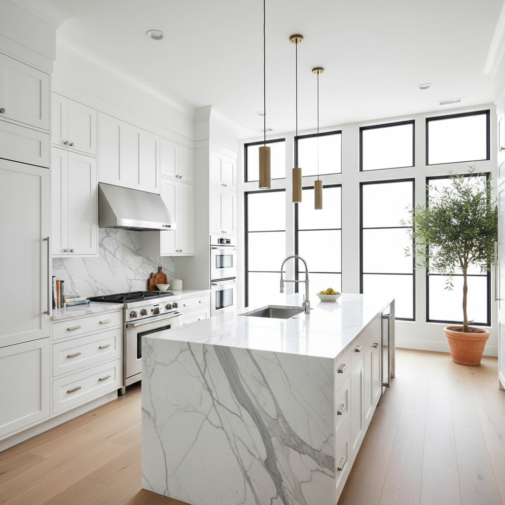 Large custom kitchen island with navy cabinetry and marble waterfall countertop in luxury Scottsdale open plan kitchen