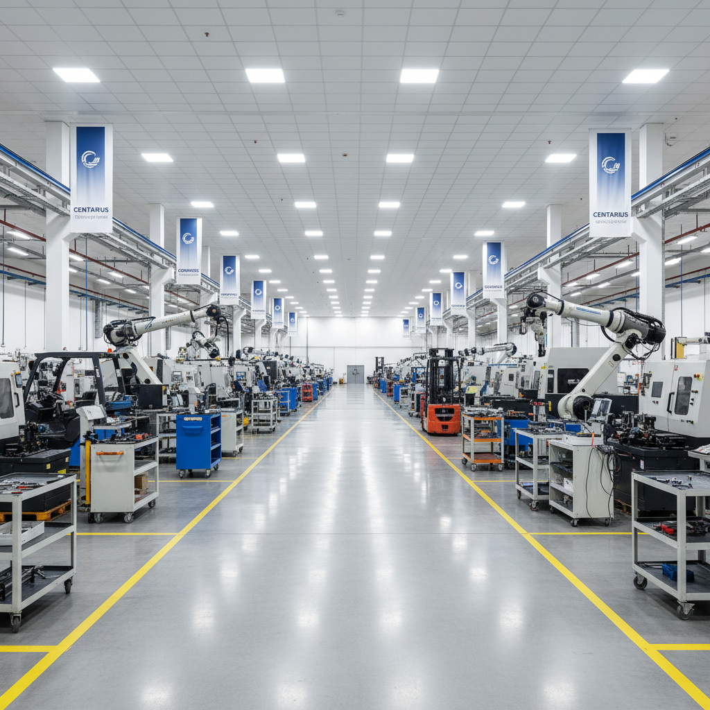 Active production floor viewed from mezzanine, showing forklifts in motion and industrial machinery with dramatic lighting