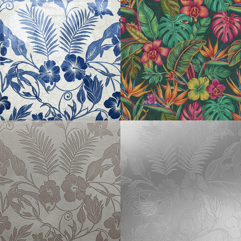 Digital tile showing tropical botanical pattern repeat specified for four different substrates