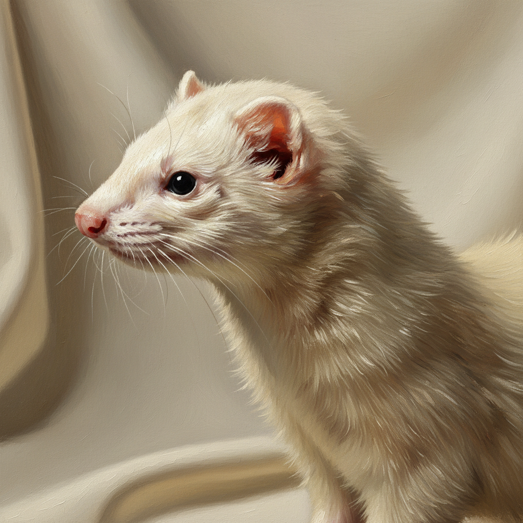 Dark-eyed white ferret posed against cream backdrop in profile, fur luminous as Dutch still life