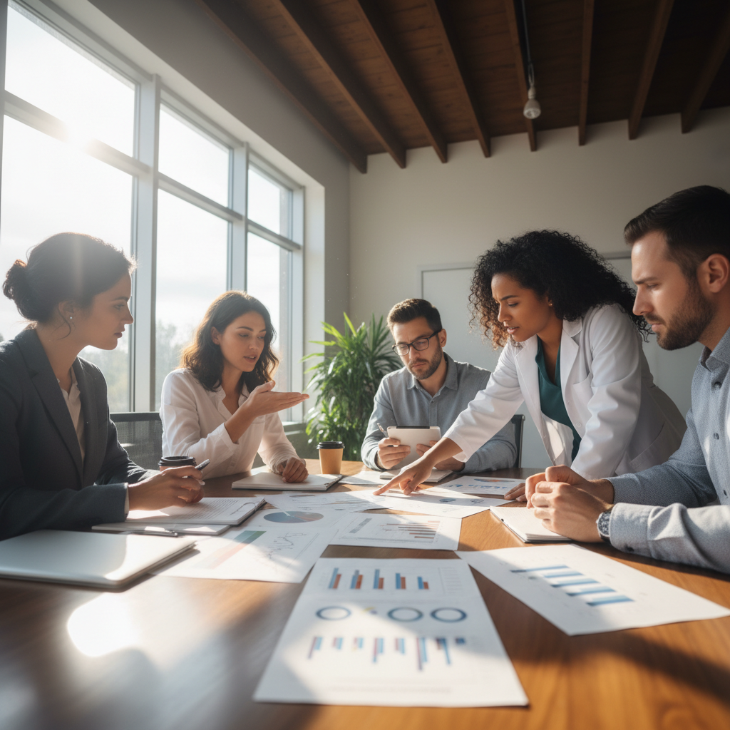 Dental professionals in discussion around table with charts and growth reports in well-lit conference room