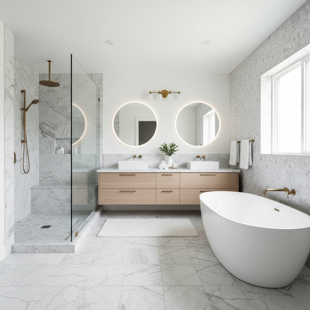 Renovated primary bathroom with marble floors, curbless shower, and soaking tub
