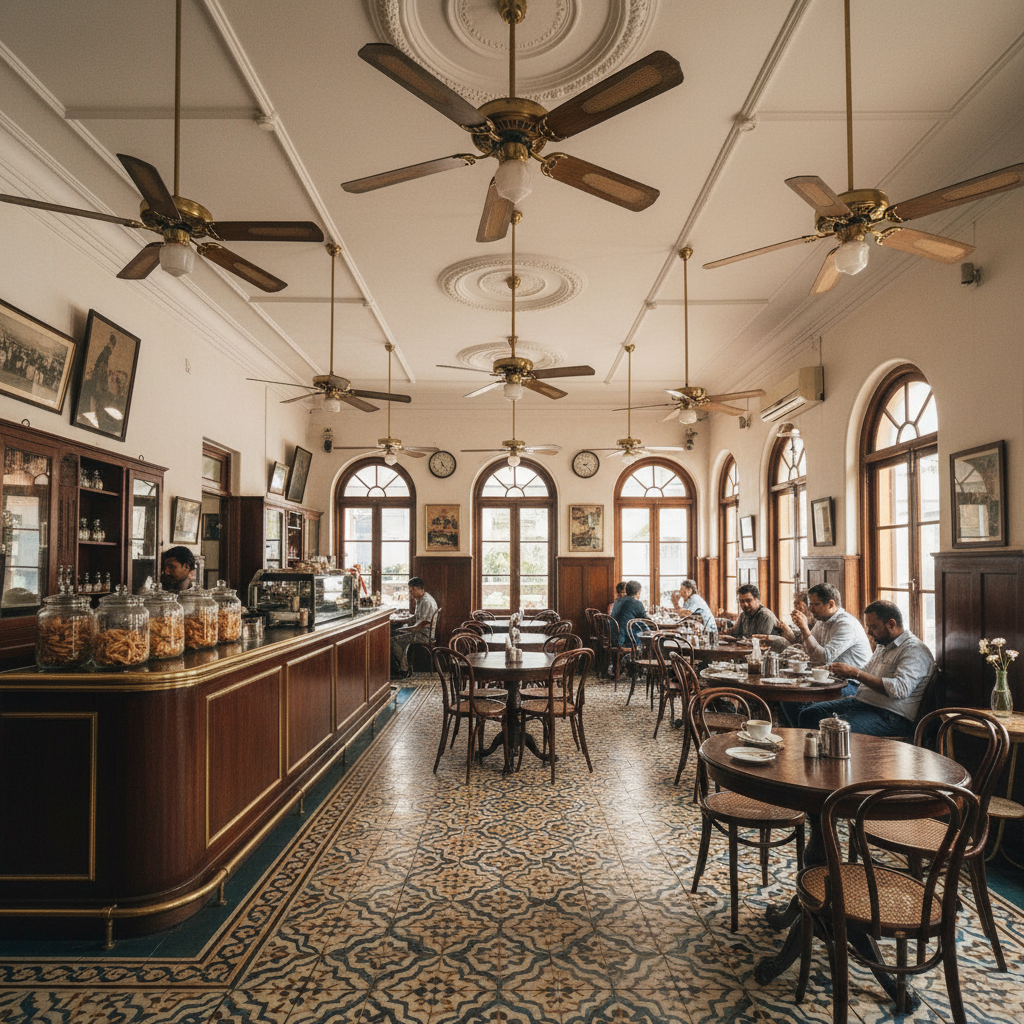 Bustling Bombay café with vintage decor, warm Edison bulbs, and packed tables of diners enjoying Indian food