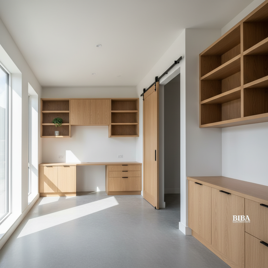 Storage conversion and extension work by Biba Construction, clean finished interior space with fresh plaster and joinery