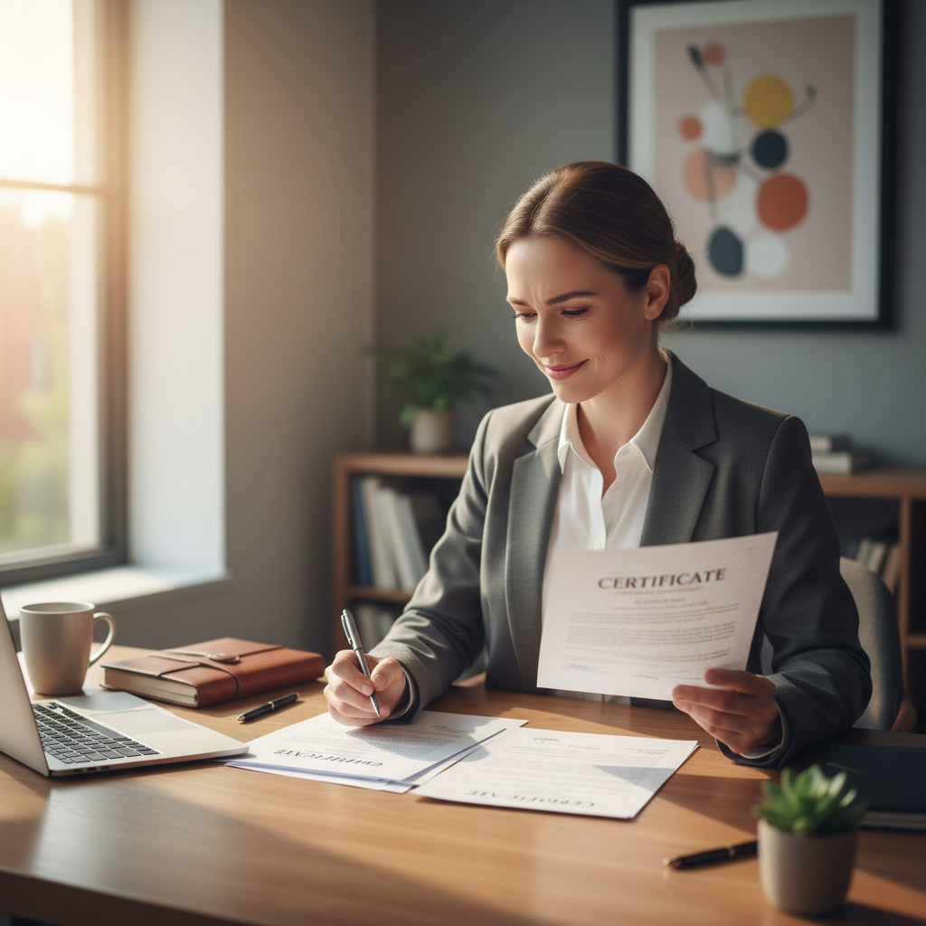 HR director reviewing certification documents at her desk in an administrative office