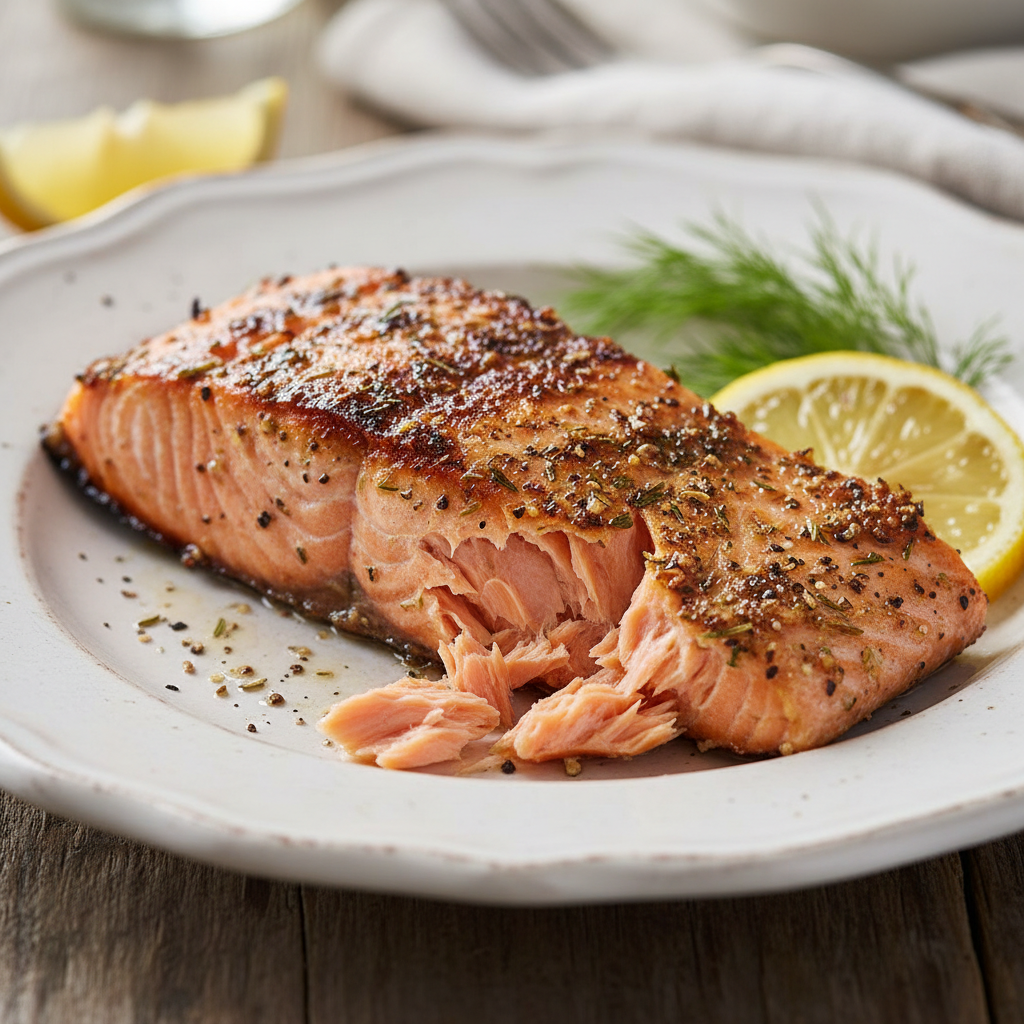 Grilled salmon fillet on plate, herbs, bright studio light