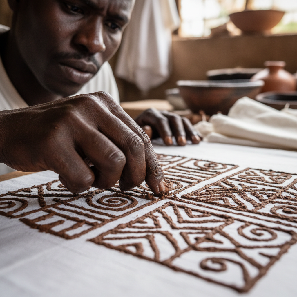 West African woman artisan working with traditional mudcloth dyeing technique
