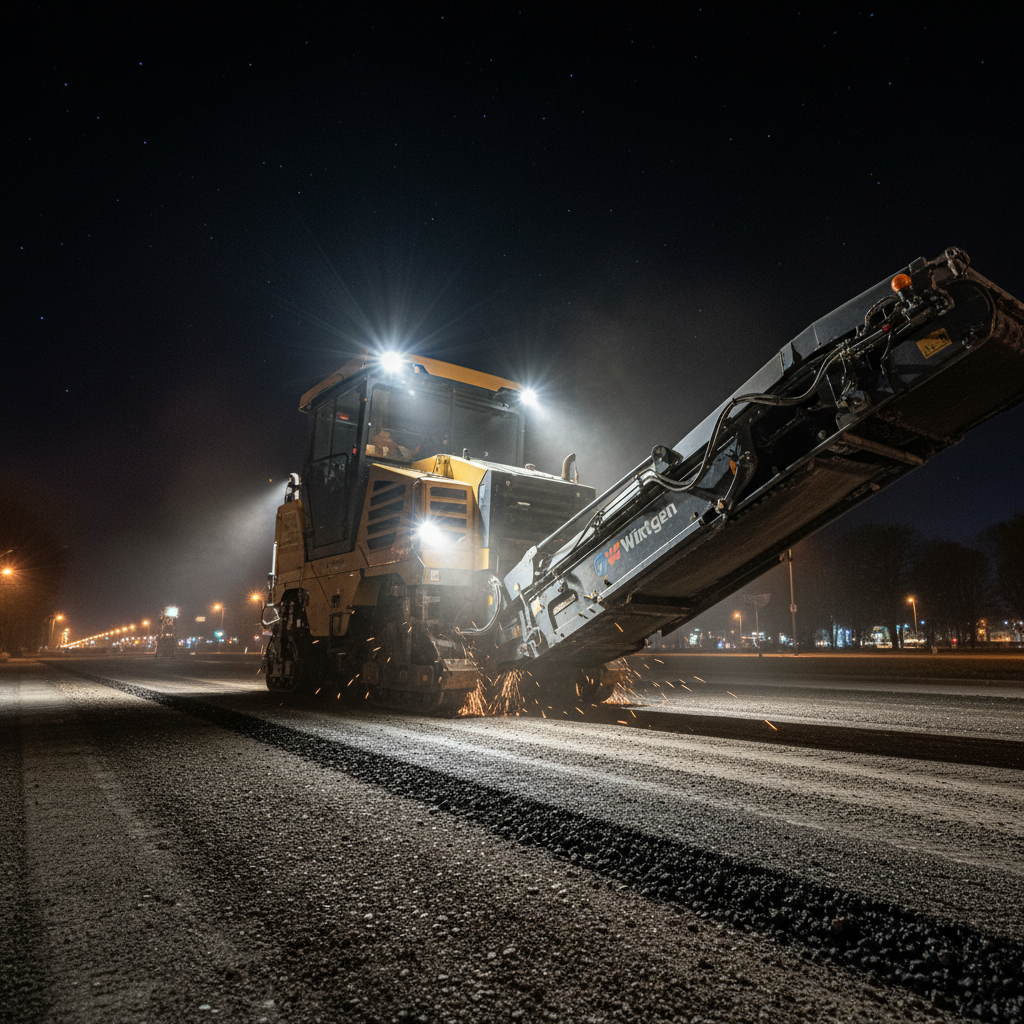 Wirtgen milling machine removing deteriorated asphalt surface at night