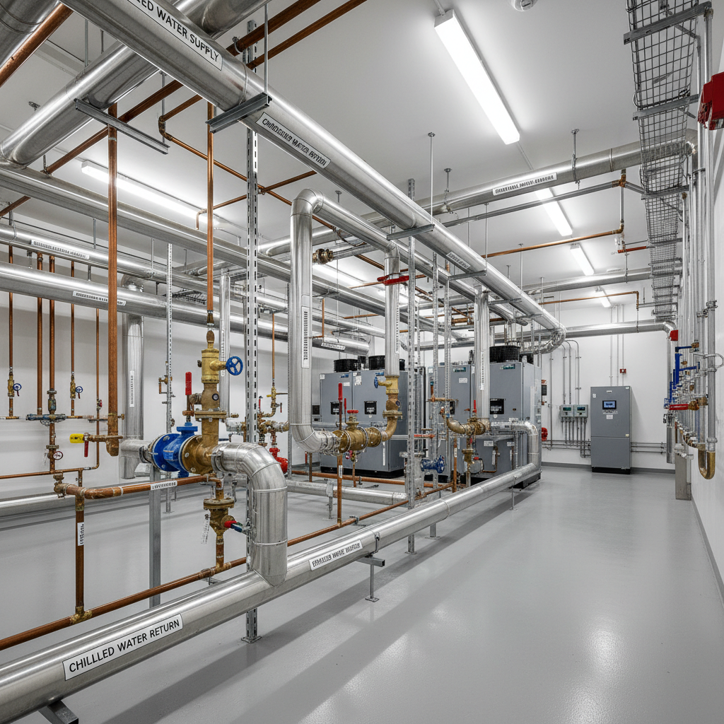 Clean commercial mechanical room with labeled pipe systems