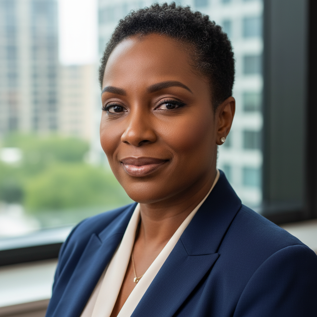 Portrait of a Nigerian-American woman literary editor, confident and warm expression