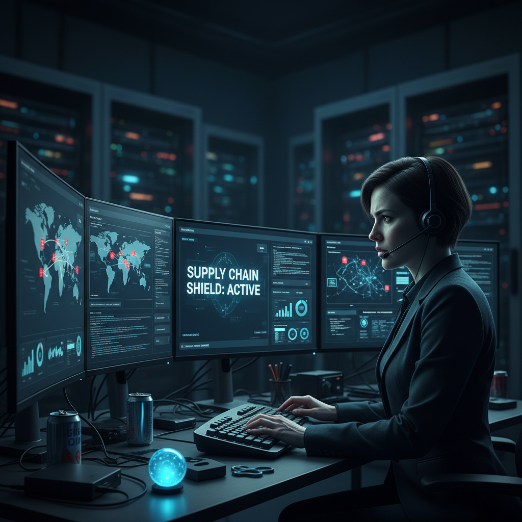 Profesional de ciberseguridad monitoreando sistemas de protección de cadena de suministro en centro de operaciones