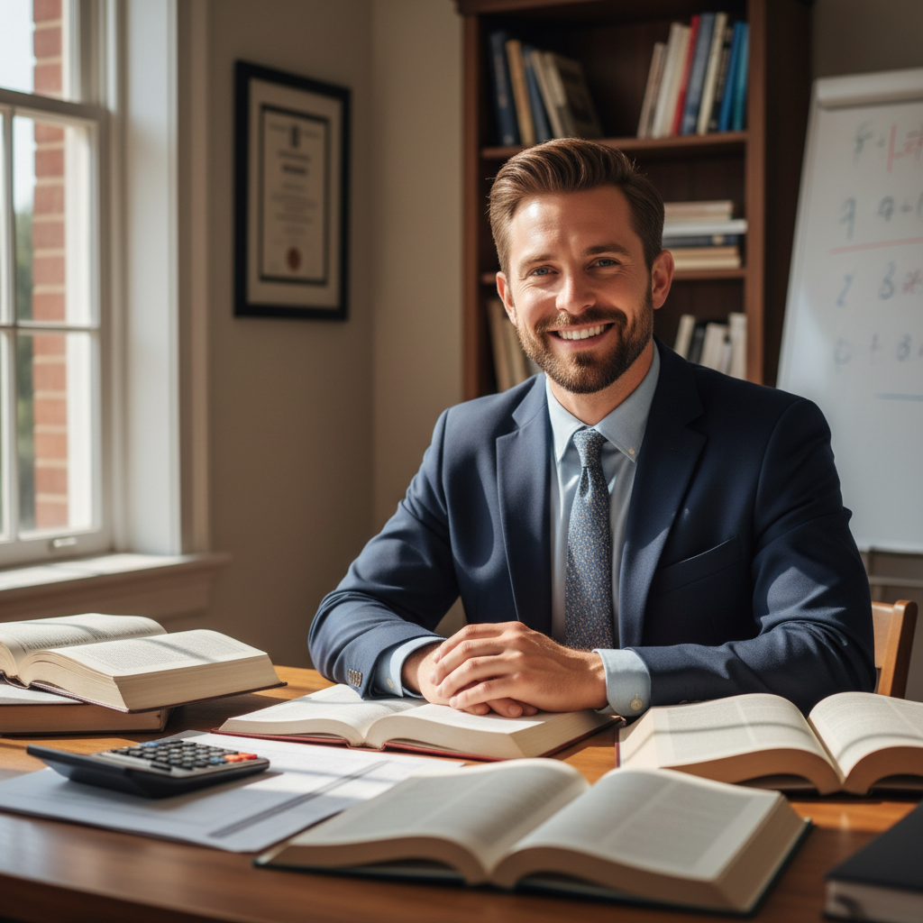 Confident male tutor in warm office setting, natural light, relaxed professional atmosphere