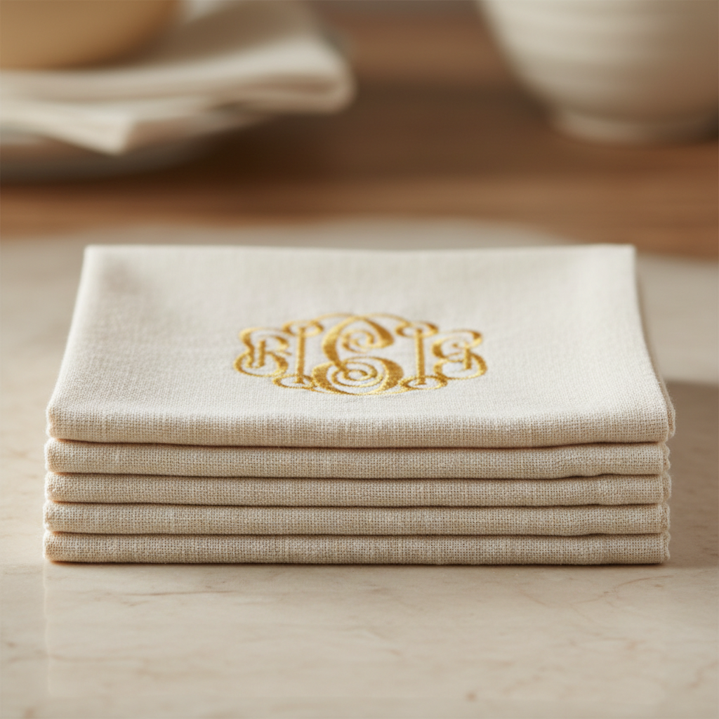 Folded ivory linen cocktail napkins with delicate gold monogram embroidery