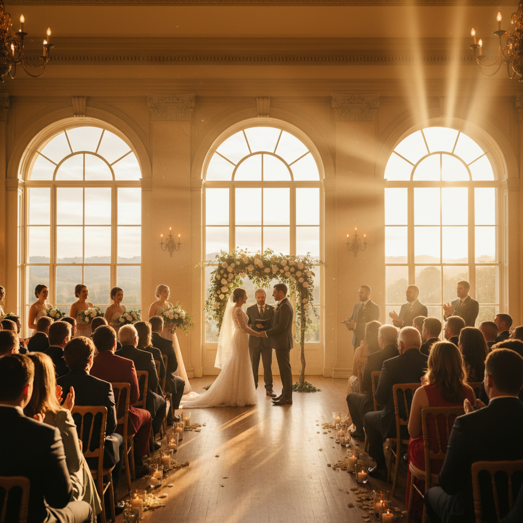 Wedding ceremony wide shot with airy light streaming through church windows