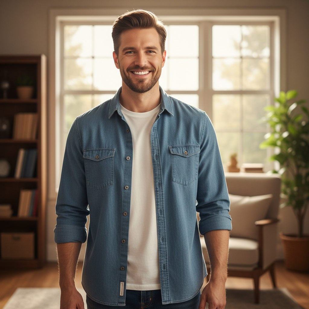 Male caregiver in casual attire smiling confidently
