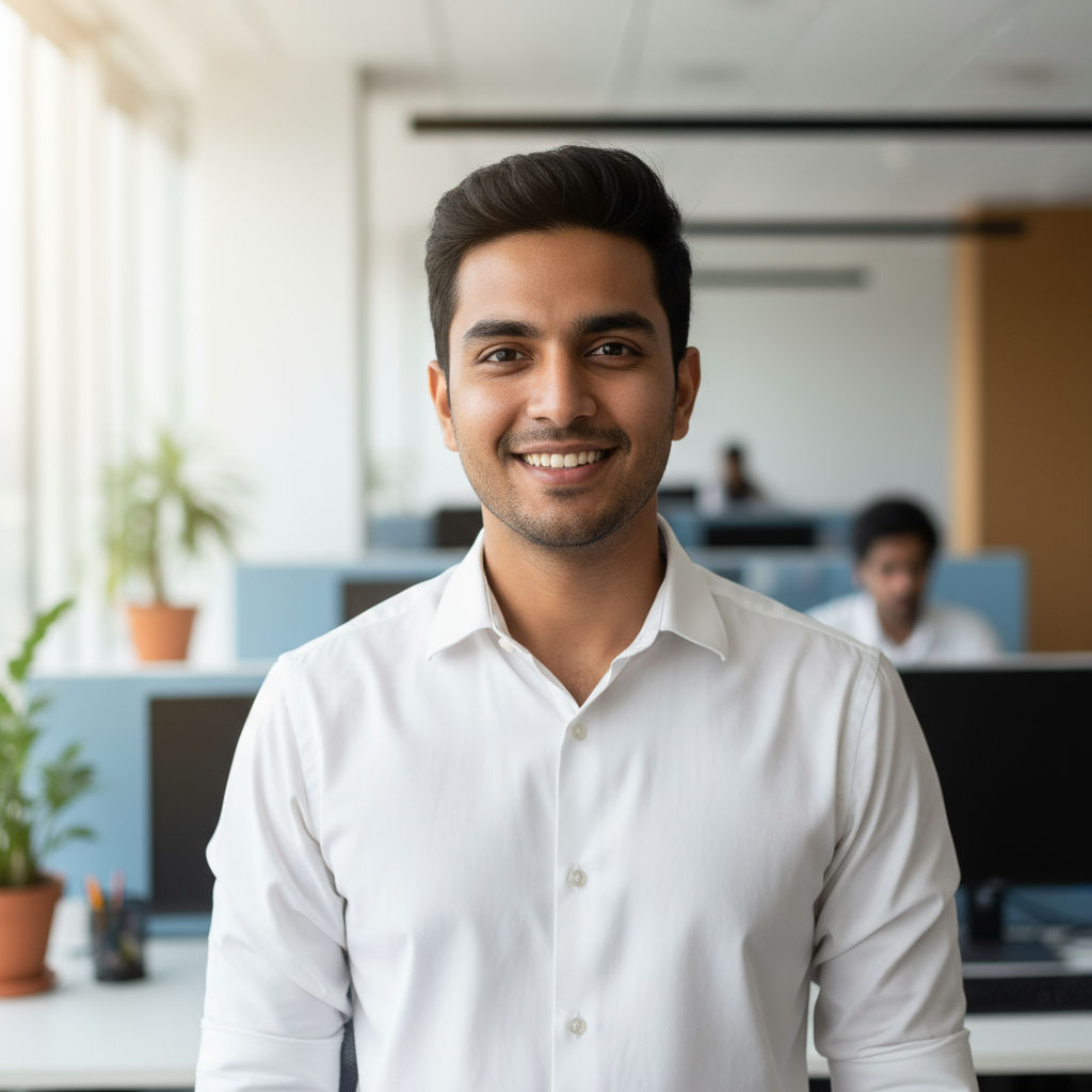 Young Indian man with short black hair wearing orange shirt smiling warmly in modern office