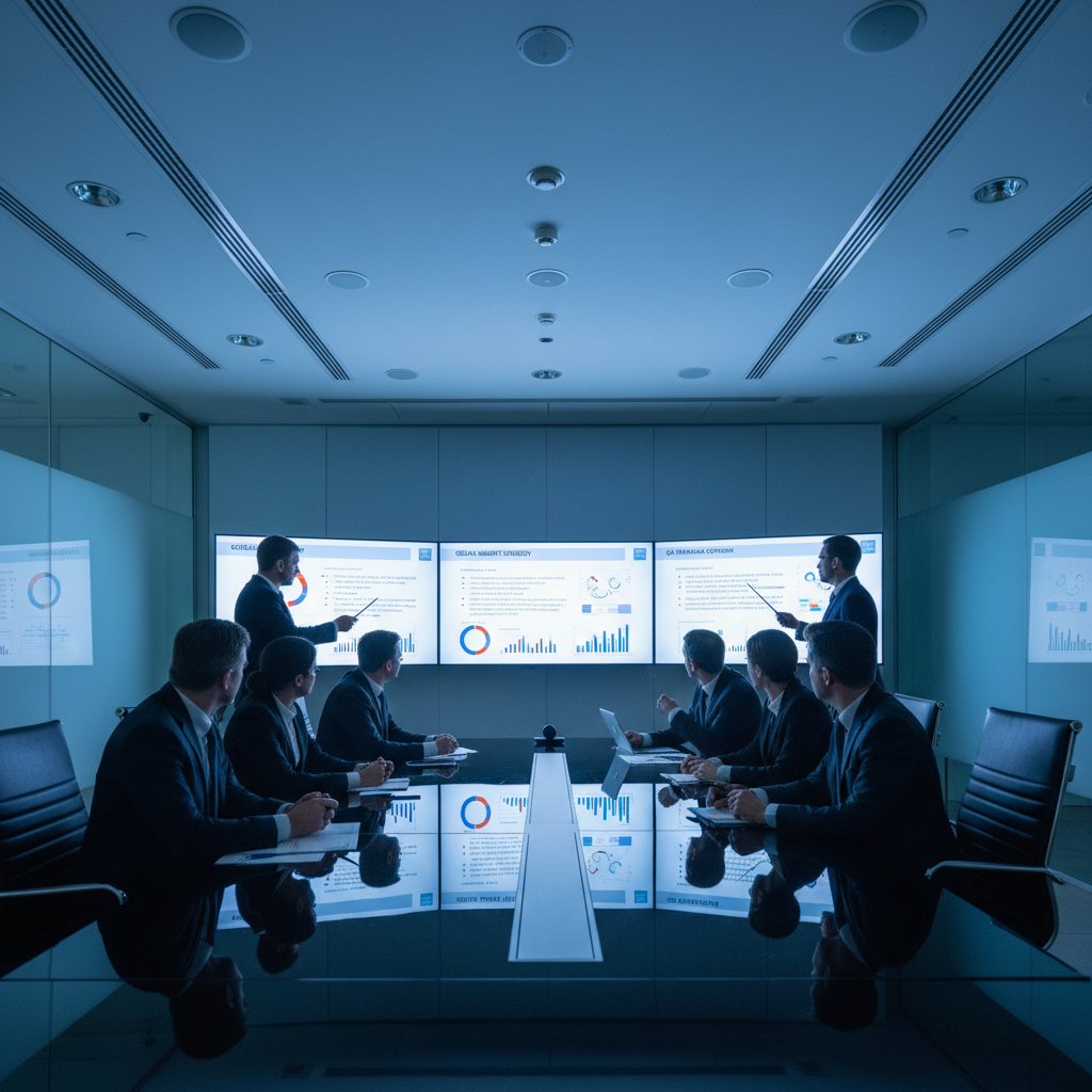 Business team reviewing analytics on tablets, dark modern conference room, blue LED accent lighting