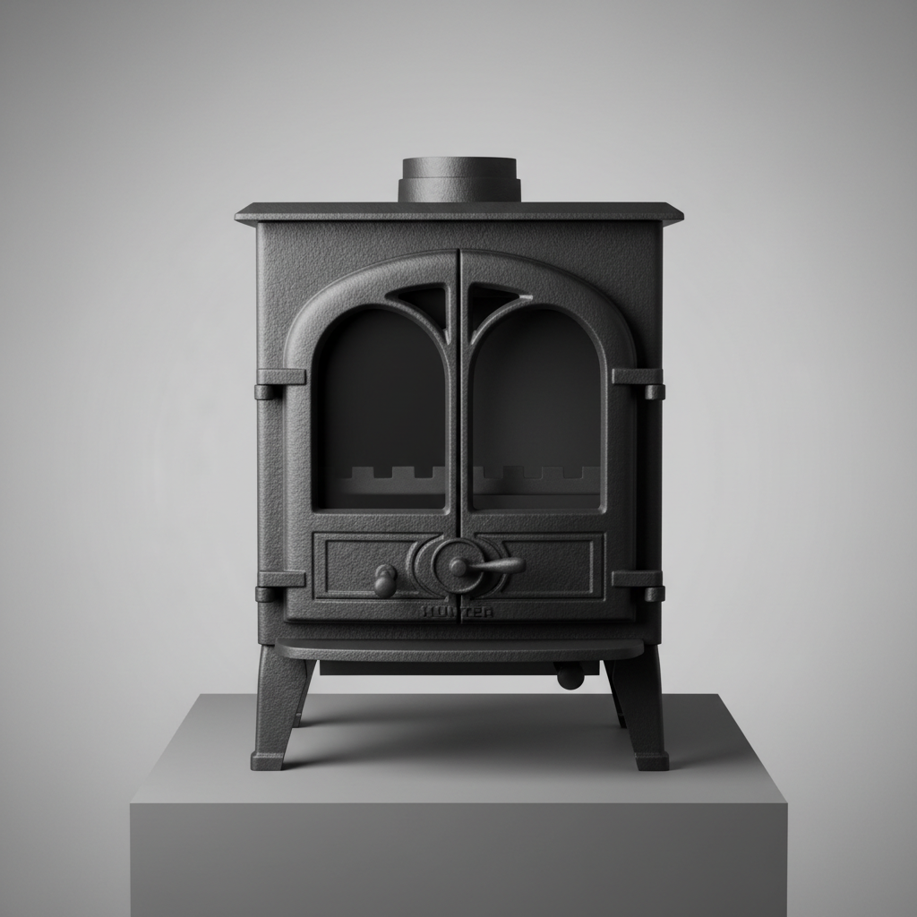 Hunter Herald 5 multifuel stove, traditional black cast iron body, arched door