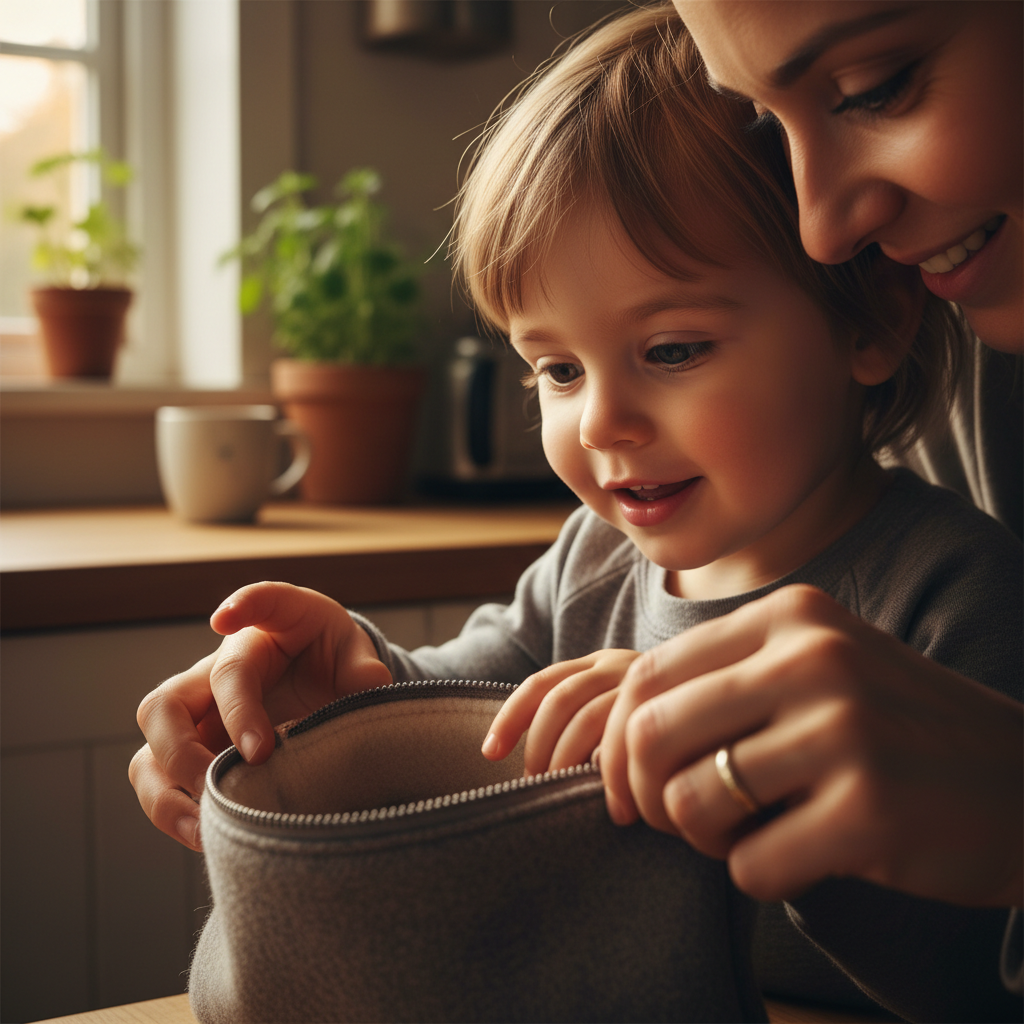 Child watching parent unzip bonding pouch in warm kitchen light