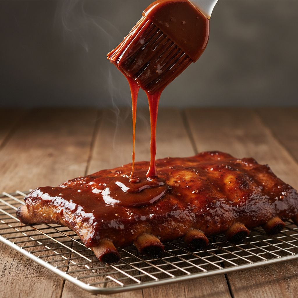 BBQ sauce dripping off a brush onto a rack of baby back ribs