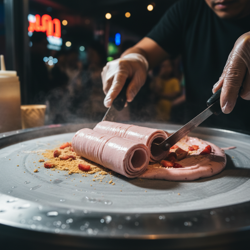 Thai rolled ice cream being prepared on cold stone surface, dramatic presentation
